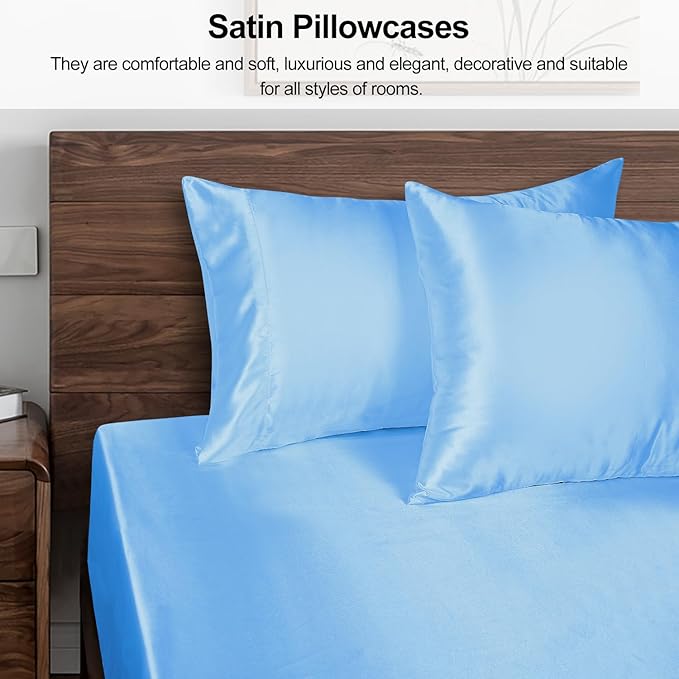 Lirex Satin Pillowcase for Hair and Skin, Super Soft and Cooling Similar to Silk, 2 Pack Standard Size 20"X 26" Pillow Cases with Envelope Closure, Gifts for Women Men, Light Blue