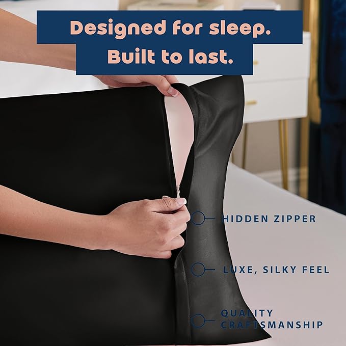 BLISSFORD Black Satin Pillowcase with Zipper for Hair and Skin Care, Feels Soft and Cool Like a Silk Pillowcase, Satin Pillow Cases 2 Pack, Slik Pillow Cover, King Size - Set of 2