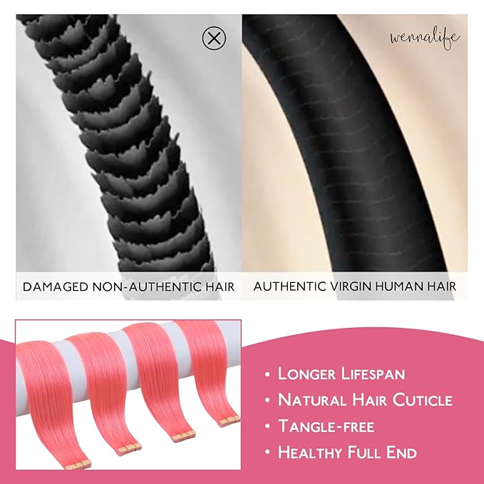 WENNALIFE Tape in Hair Extensions Human Hair Light Pink Tape in Extensions, 10pcs 25g 18 inch Remy Invisible Tape Ins Straight Colored Soft Real Human Hair Tape in Extensions Refill Set Extensions