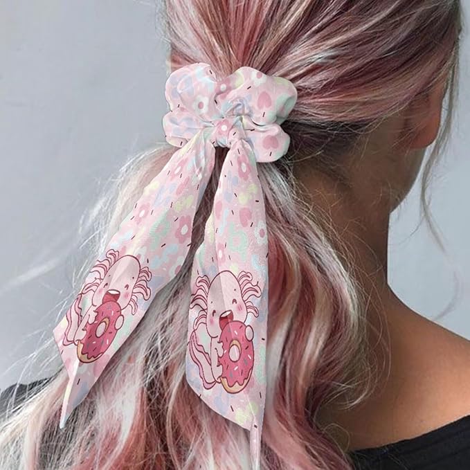 2 Piece Axolotl Elastic Ribbon Bow Hair Ties Pink Cherry Blossom Knotted Bow Satin Ponytail Holder for Women Stylish Scarf Scrunchies with Long Tails