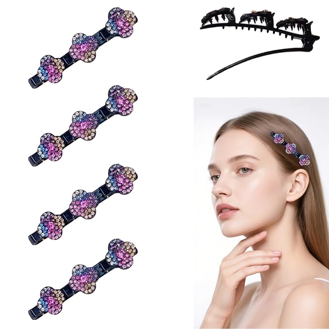 Sparkling Crystal Braided Hair Clips, Woven Hair Clips, New 2025 Women Styling Hair Clip, Women Flower Hair Accessories 4-Pack (rainbow colors)