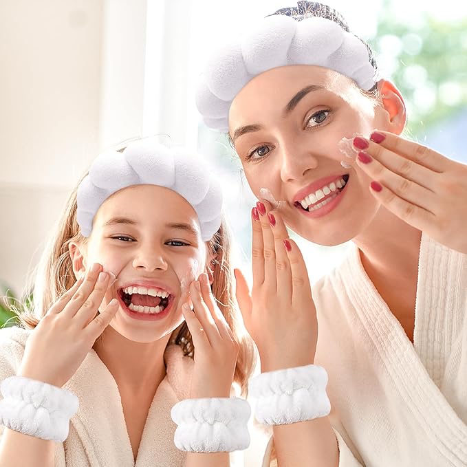 Zkptops Spa Headband for Washing Face Wristband Sponge Makeup Skincare Headband Bubble Soft Terry Cloth Hairband Christmas Birthday Gift for Women Girls Fashion Puffy Non Slip Thick Headwear (White)