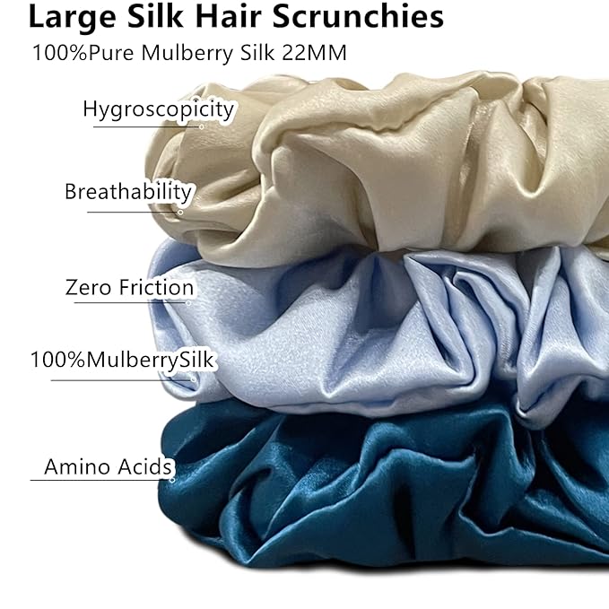 Suncdelv Silk,100% Silk Scrunchies for Hair,22 Momme Hair Ties for Anti-Crease & Breakage,Natural Women Hair Accessories，Fashion Hairbands 3PCS（Sapphire Blue）
