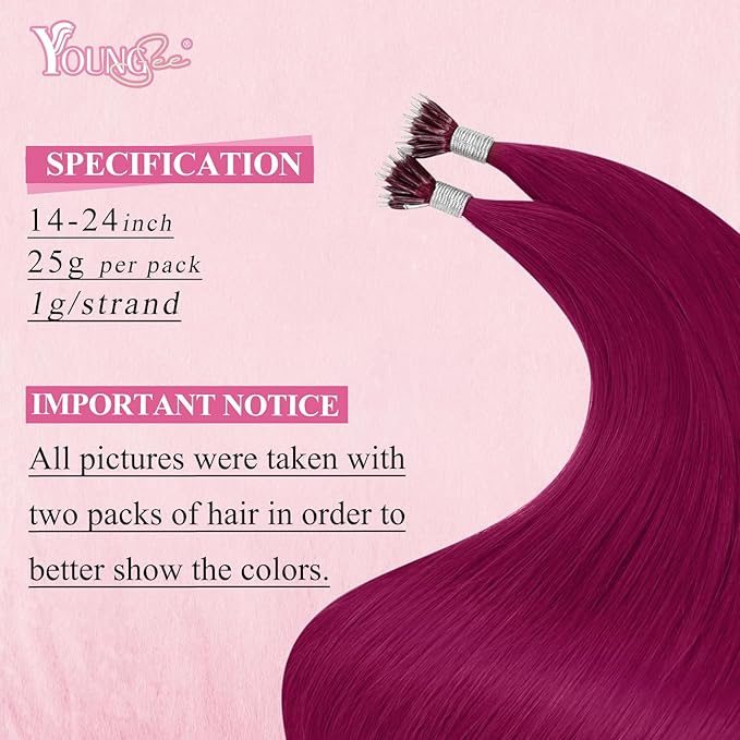 YoungSee Nano Ring Hair Extensions Magenta Nano Beads Hair Extensions 16inch Burgundy Nano-Ring Hair Extension Red Nano-Tip Extension Silky Cold Fusion 25g 25s for Experimenting with colors