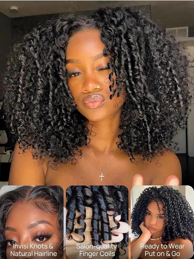Julia Hair 7x5 Lace Water Curly Texture Wig With Finger Coil Ends Glueless Wigs Human Hair Put On and Go Invisible Lace Pre Plucked Pre Cut Bleached Knots Natural Hairline 20 Inch