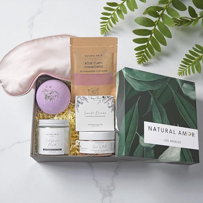 Natural Amor Spa Gift Set for Women – 6 PCS Self Care Relaxation Kit with Handmade Soap, Bath Bomb & Candle, Christmas Holiday Gift Box for Her, Ready-to-Gift Spa Set for Mom Wife Sister