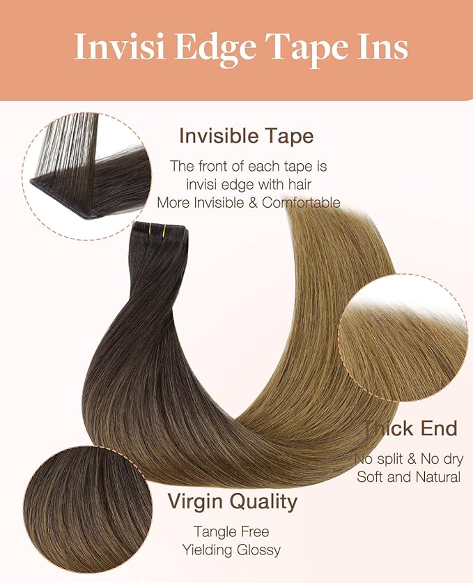 GOO GOO Invisi Edge Tape in Hair Extensions Human Hair, 1D/2C/4E Chocolate Dip Color Melt, 10pcs 14inch 25g, Virgin Remy Hair, Seamless Injected Tape, Natural Look