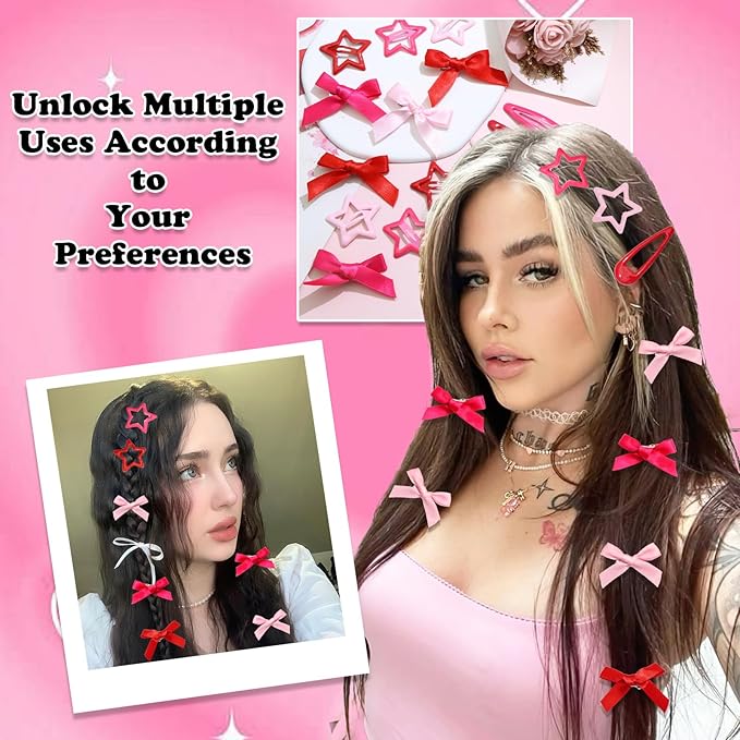 36Pcs Hot Pink Mini Bow Hair Clips Red Star Snap Hair Barrettes Water Drop No Slip Hair Clips for Women 3 Color Small Hair Bows Star Bowknot Hair Accessories for Girls