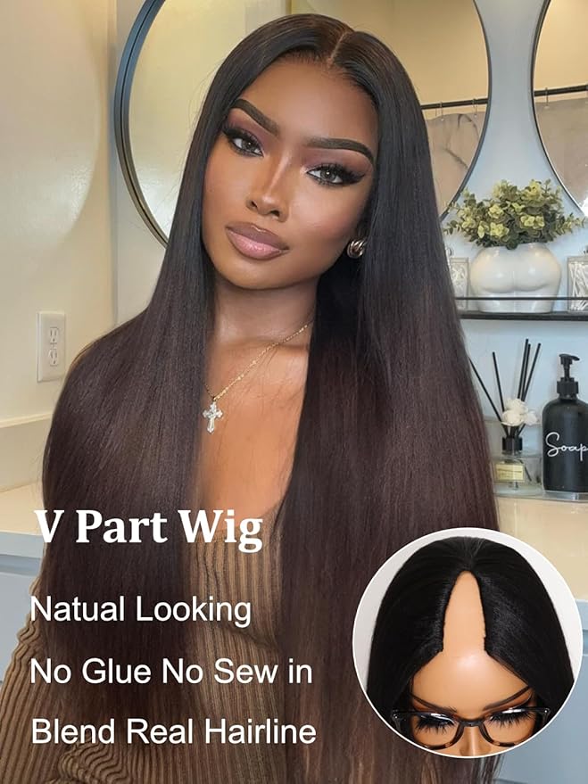 YIROO Human Hair No Leave Out Ombre Chestnut Brown Yaki Straight U Part Wig - Clip-in, Glueless, No Sew Half Wig - 22 inch
