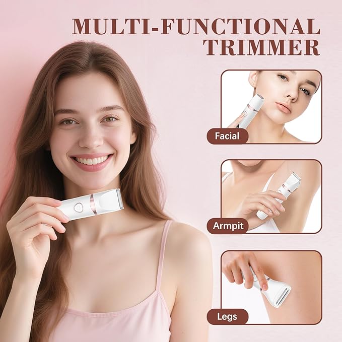Bikini Trimmer for Women, 3-in-1 Waterproof Electric Shaver, Cordless Pubic & Body Hair Trimmer, Facial Shaver, Easy-Clean Razors with Ceramic Blade, Type-C Rechargeable, Led Display