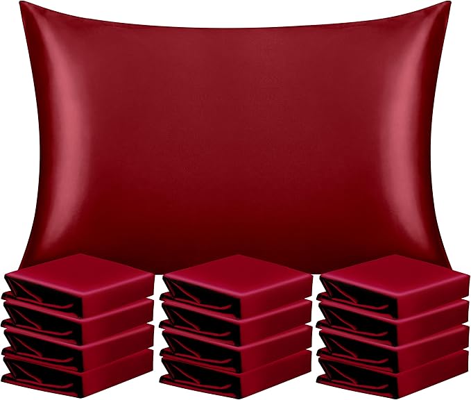 NTBAY 12 Pack Satin Standard Pillowcases for Hair and Skin, Luxurious and Silky Pillow Cases with Envelope Closure, 20 x 26 Inches, Wine Red