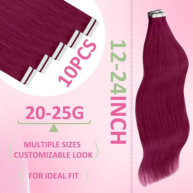 YoungSee Human Hair Tape in Extensions Magenta 18 inch Invisible Tape in Hair Extensions Human Hair 10pcs 25g Rosein Color Tape-ins Real Human Hair for Prom
