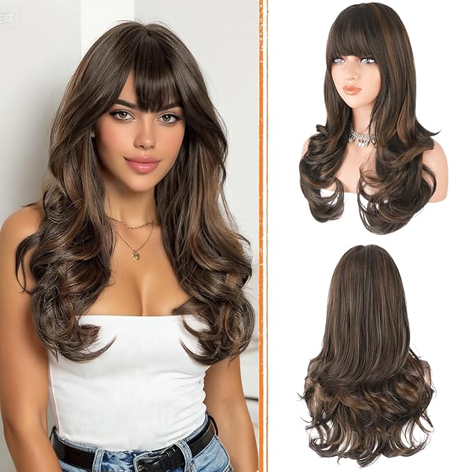 Haloo Brown Auburn Wigs with Bangs Long Wavy Layered Haircut Natural Looking Fluffy Synthetic Heat Resistant Hair Wig for Women Daily Party, 24 Inch Brown Mixed Auburn