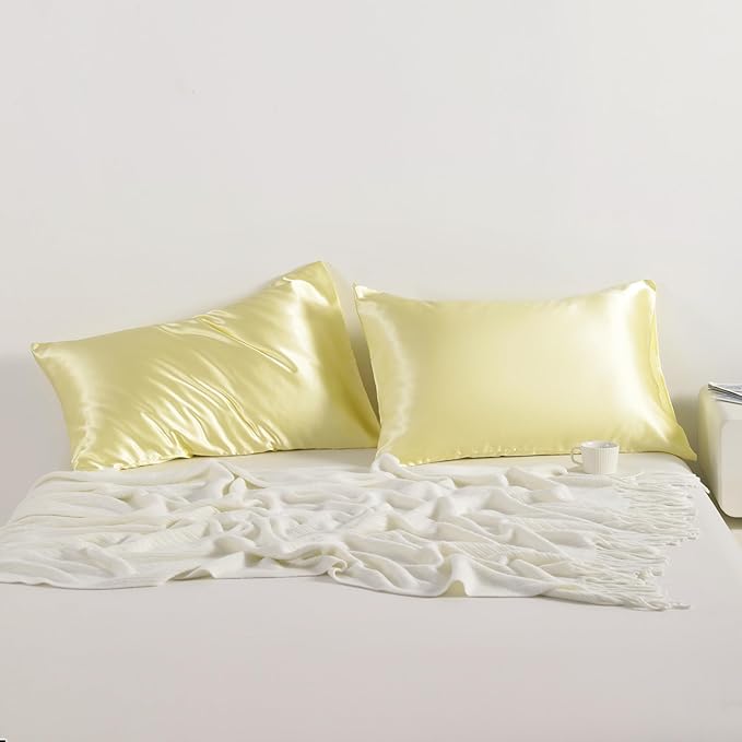 NTBAY 2 Pack Satin Standard Pillowcases for Hair and Skin, Luxurious and Silky Pillow Cases with Envelope Closure, 20x26 Inches, Light Yellow