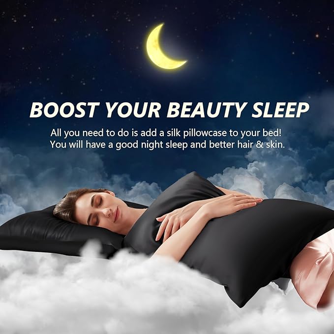 Silk Pillow Cases Standard Size 100% Mulberry Silk Pillowcase for Hair & Skin 22 Momme Both Sided Grade 6A Silk Cooling Soft Breathable 20 x 26 Inches with Hidden Zipper 1PC, Black