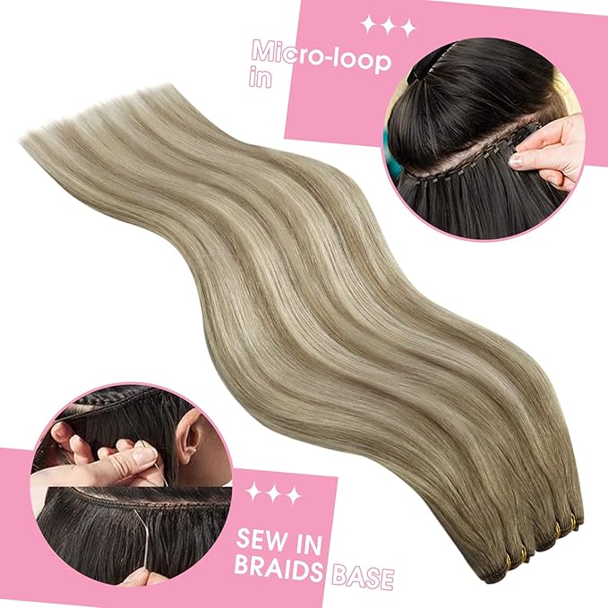 YoungSee 125G Human Hair Sew in Extensions Light Brown Mix Platinum Blonde Weft Hair Extensions Balayage Sew in Hair Extensions Real Human Hair for Thin Fine Hair 22Inch