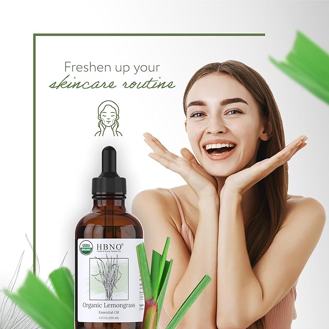 HBNO Organic Lemongrass Essential Oil - Huge 4 oz (120ml) Value Size - USDA Certified Organic Lemongrass Essential Oil, Perfect for Aromatherapy, Soap Making, DIY, Diffuser