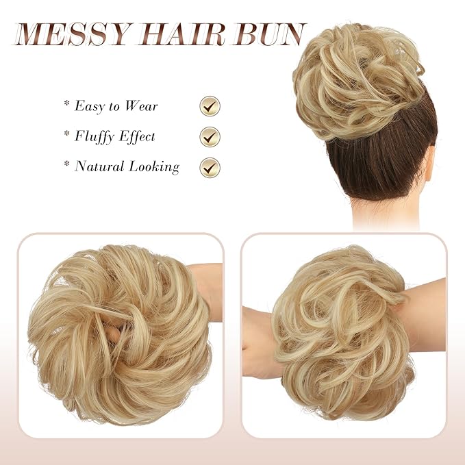 FESHFEN Messy Bun Hair Pieces - Large Wavy Curly Elastic Hair Bun Scrunchies Ponytail Extensions Synthetic Chignon Hairpieces for Women, Dark Golden Mix Beige Blonde 1.94oz