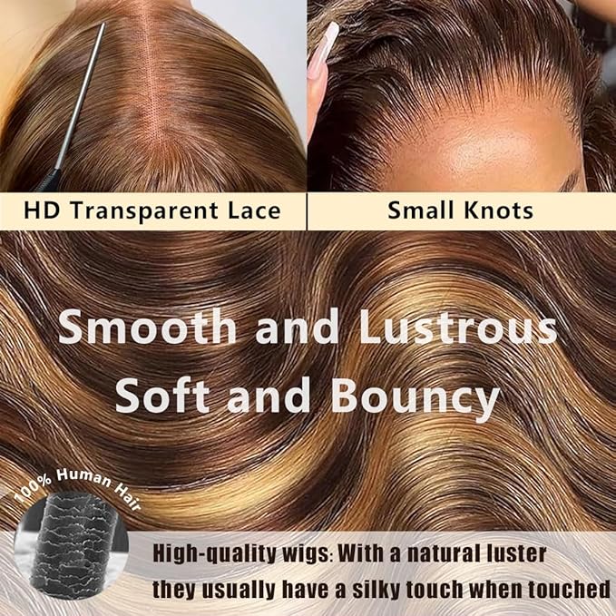 Honey Blonde Lace Front Wig Pre Plucked 13x6 HD Lace Front Wigs Human Hair 220 Density Ombre Highlight Wig Body Wave Wig P4/27 Colored for Women Human Hair Wig 28 Inch