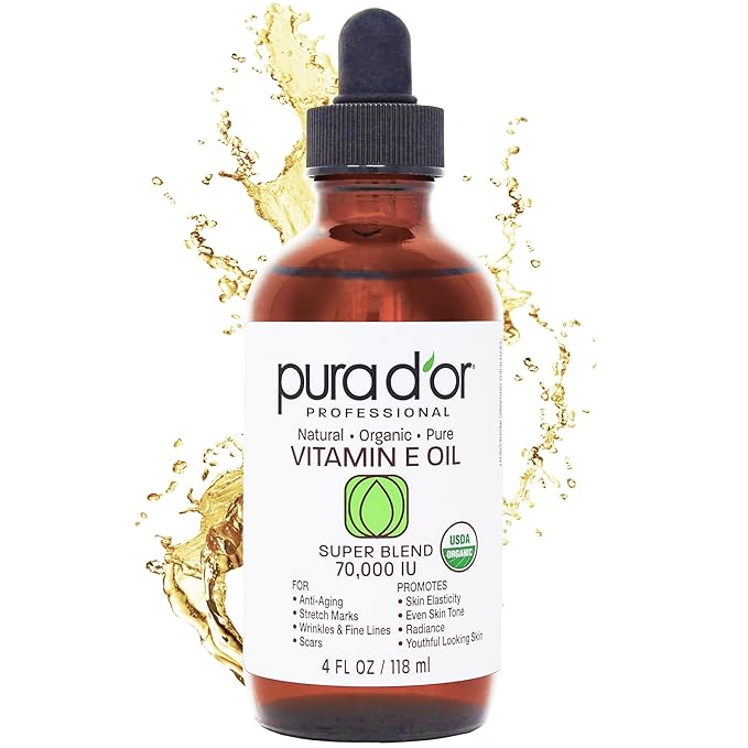 PURA D'OR 4 Oz ORGANIC Vitamin E Oil Blend - 100% Natural Hexane Free, Sweet Almond, Apricot, Jojoba, Argan, Rosehip, Sunflower & Avocado Bath Oil For Scars, Skin, Face & Full Body
