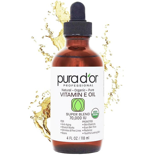 PURA D'OR 4 Oz ORGANIC Vitamin E Oil Blend - 100% Natural Hexane Free, Sweet Almond, Apricot, Jojoba, Argan, Rosehip, Sunflower & Avocado Bath Oil For Scars, Skin, Face & Full Body