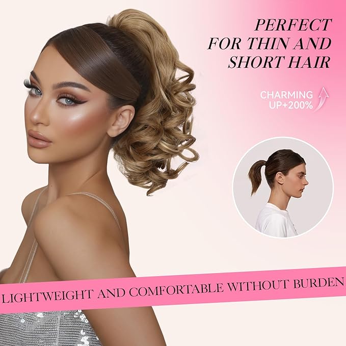 12 Inch Ponytail Extension - Clip in Ponytail Hair Extensions, Curly Wavy Pony Tails Hair Extensions, Synthetic Claw Clip Ponytail Extension for Women (Color: Light Brown With Blonde Highlights)