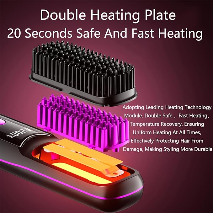 Go Brush Pro Hair Straightener – Cordless Comb with Negative Ion, 7400mAh Fast Heating & Portable Travel Design, Rechargeable Brush for Straightening and Curling (Purple-1Pcs)