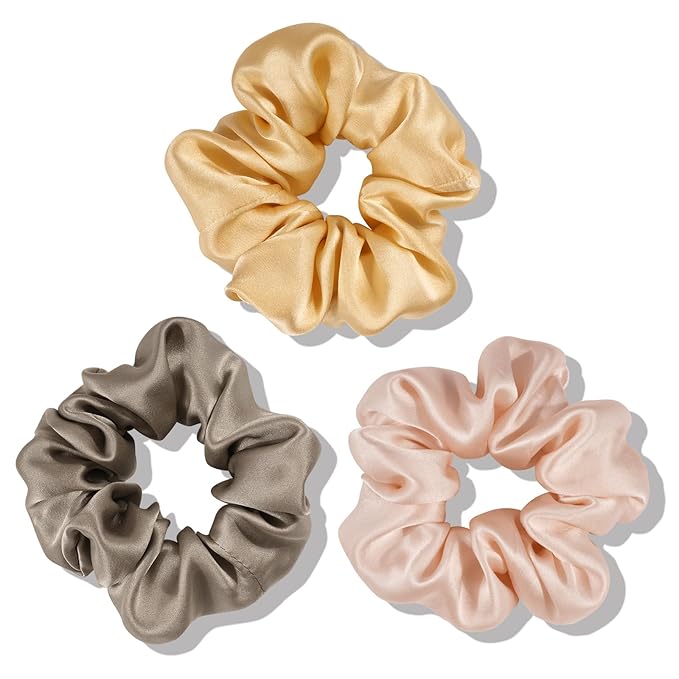 OLESILK 100% Mulberry Silk-Scrunchies for Hair Sleep, Women Grils Silk Hair Ties for Frizz & Breakage Curly Hair, No Damage, Elastics Ponytail Holder, 3 Pack