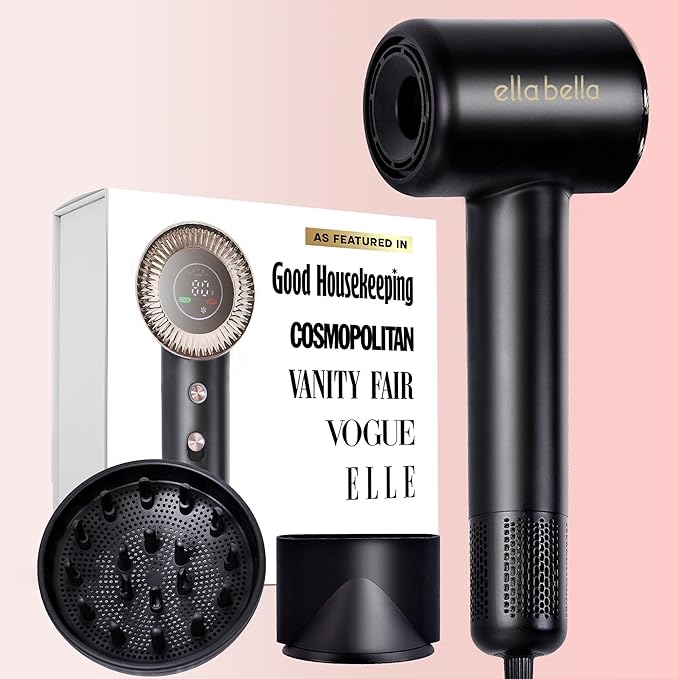 ELLA BELLA® Compact Plasma Hair Dryer, Advanced Plasma Technology Blow Dryer with Digital Display, Rapid Drying, Low Noise, & Luxury Velvet Travel Bag - Includes Diffuser & Nozzle- for All Hair Types