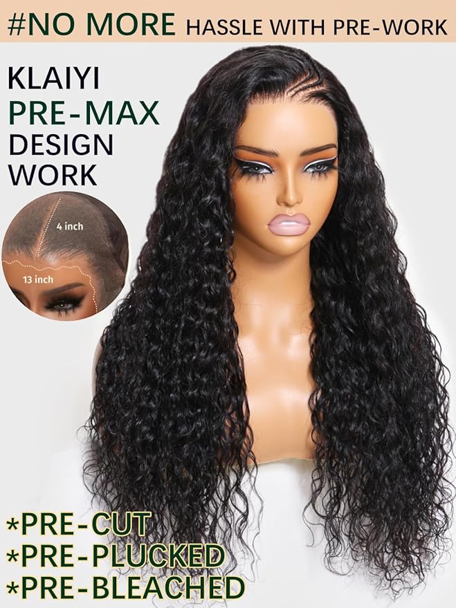 KLAIYI Pre Everything 13x4 Glueless Lace Front Wig Human Hair Water Wave Bye Bye Knots Put On and Go Wig Pre Cut Lace Pre Bleached Pre Plucked 30S Easy To Wear Beginner Curly Wig with Baby Hair 26Inch