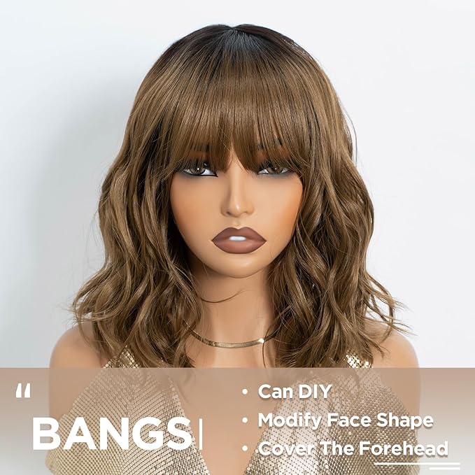 NOBLE Bob Wig with Bangs Short Wavy Wig for Women Ombre Light Brown Shoulder Length Wig Heat Resistant Synthetic Wigs for Daily Party Use 12 Inches