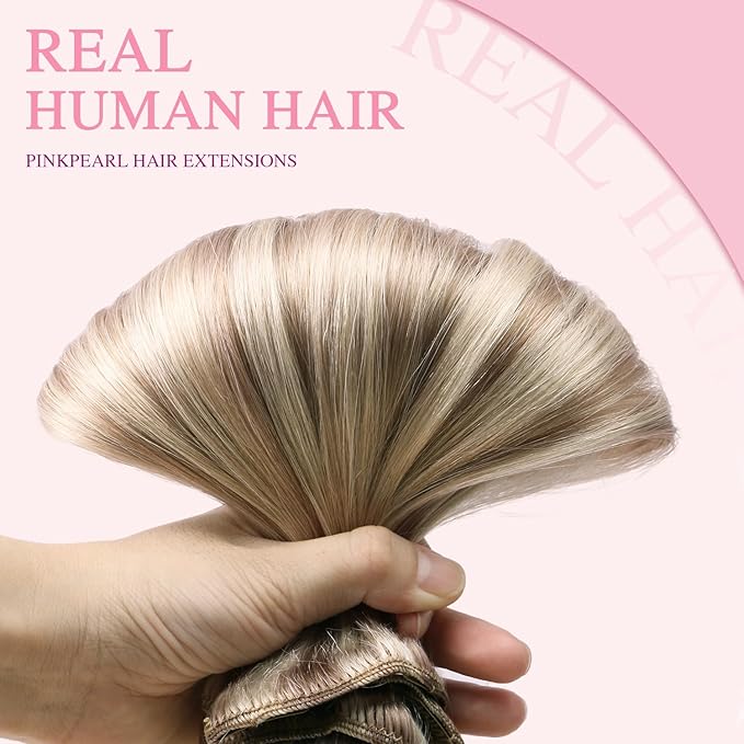 PINKPEARL Clip in Hair Extensions Straight Human Hair #18/22/60 Balayage Ash Blonde to Golden Blonde and Platinum Blonde 7pcs 120g 14 Inch Real Hair Clip in Extensions(#18/22/60-14)