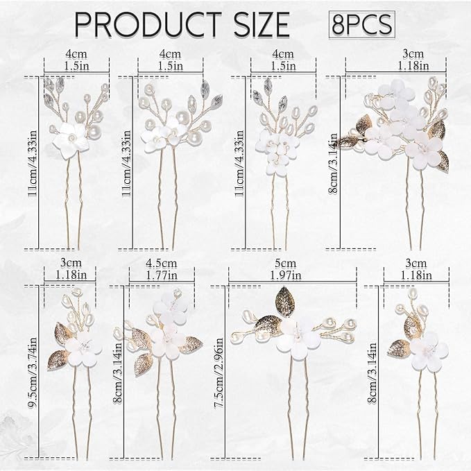 8Pcs Gold Bridal Wedding Hair Pins,White Flower Leaf Hair Piece Pearl Rhinestone Hair Clips,Hair Accessories for Women Brides Bridesmaid