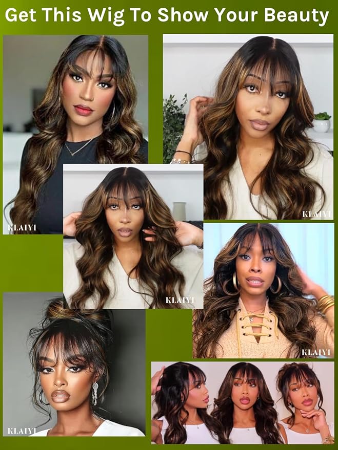 KLAIYI Ombre Brown Loose Body Wave Bye Bye Knots Glueless Precut 7x5 HD Lace Front Human Hair Bang Wig Drawstring Highlight Balayage Brown Pre Plucked Bleached 30S Ready to Wear and Go Wig 180% 14Inch
