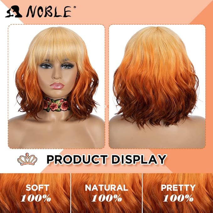 NOBLE Short Bob Wigs with Bangs for Women 3 Tone Ombre Color Synthetic Shoulder Length Curly Wavy Blonde to Orange to Ginger Wig Natural Looking Heat Resistant Colorful Daily Party Cosplay Bob Wigs.
