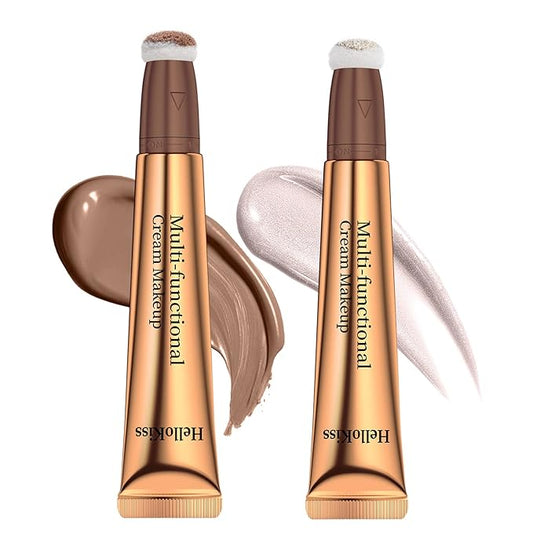Liquid Contour Beauty Wand, Cream Highlighter Makeup Stick,Smooth Liquid Bronzer Stick with Cushion Applicator, Lightweight Blendable Body Face Shimmer Highlighter Contour Stick, Cruelty-free(02+05)