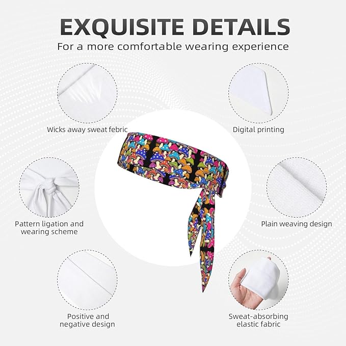 Men's Women Beauty Skinny Sports Sweatband Head Decor for Running Travel Shower, Long Multi Style Neon Mushrooms Pattern Colorful Head Ribbon Headwear