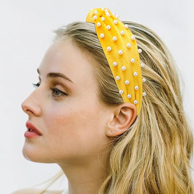 VELSCRUN Pearl Headbands with Beads: White, Pink, Red, Blue Knotted Wide Top Knot Hair Accessories for Women and Girls