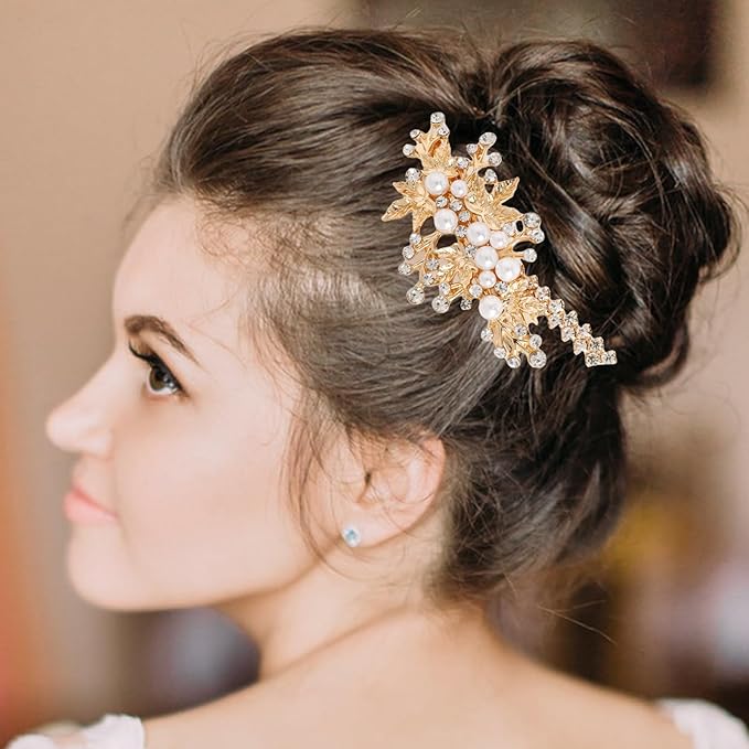 4PCS Gold Rhinestone Pearl Hair Clips, Wedding Bridal Leaf Hair Barrette, Sparkly Glitter Hair Pins Accessories for Women and Girls (Gold)