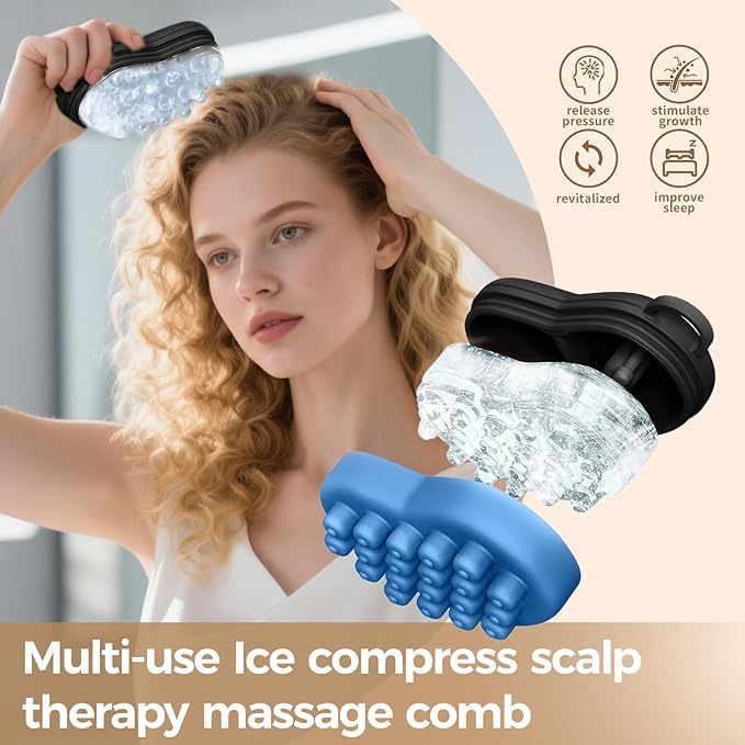 Ice Compress Scalp Massager Hair Growth Massage Comb - Upgraded Raised Dot Ice Tray Design for Tension Headache Relief and Scalp Care (Black)