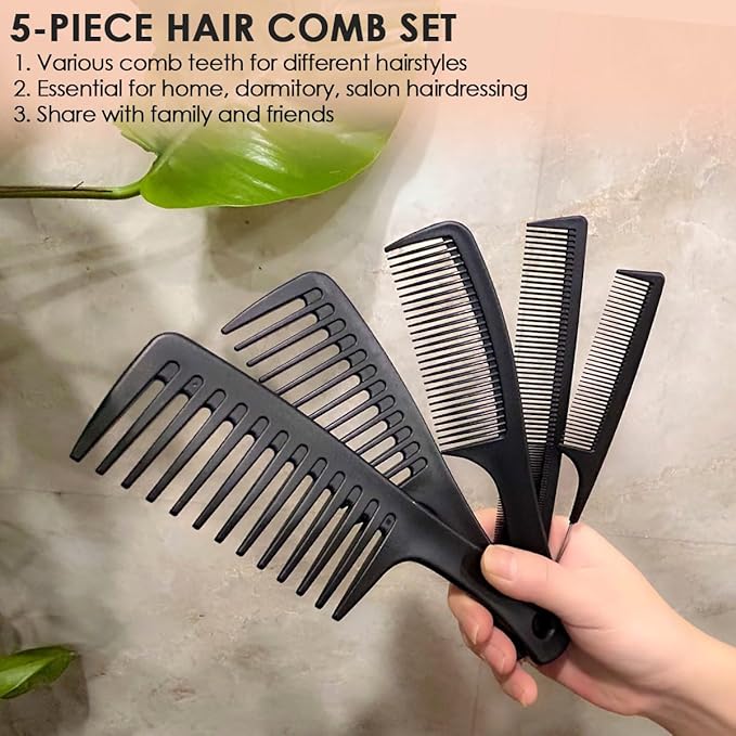 Hair Combs Set, Large Wide Tooth Comb, Rat Tail, Fine Tooth Comb For Women Men Fine Thick Curlys Wet Hair Styling Detangling Parting Cutting (5PCS)