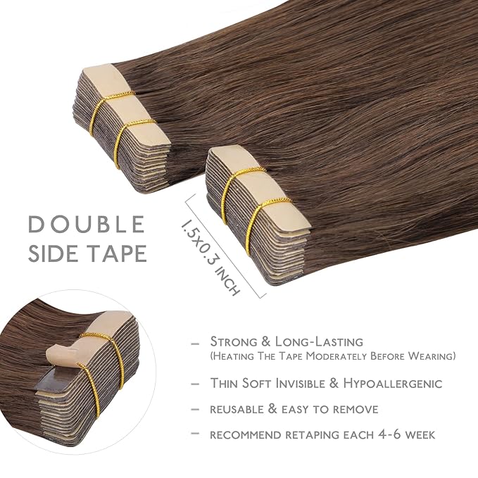 WENNALIFE Tape in Hair Extensions Human Hair, 20pcs 50g 20 inch Chocolate Brown Remy Hair Extensions Straight Human Hair Tape in Extensions Skin Weft Tape Extensions Human Hair