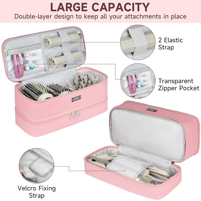 Travel Carrying Case Compatible with Shark Flexstyle Styler/FlexFusion/Hair Dryer,Double-Layer Hair Hot Tools Storage Bag Fits for Dyson Airwrap Styler/Supersonic Hair Dryer,Pink-Bag Only