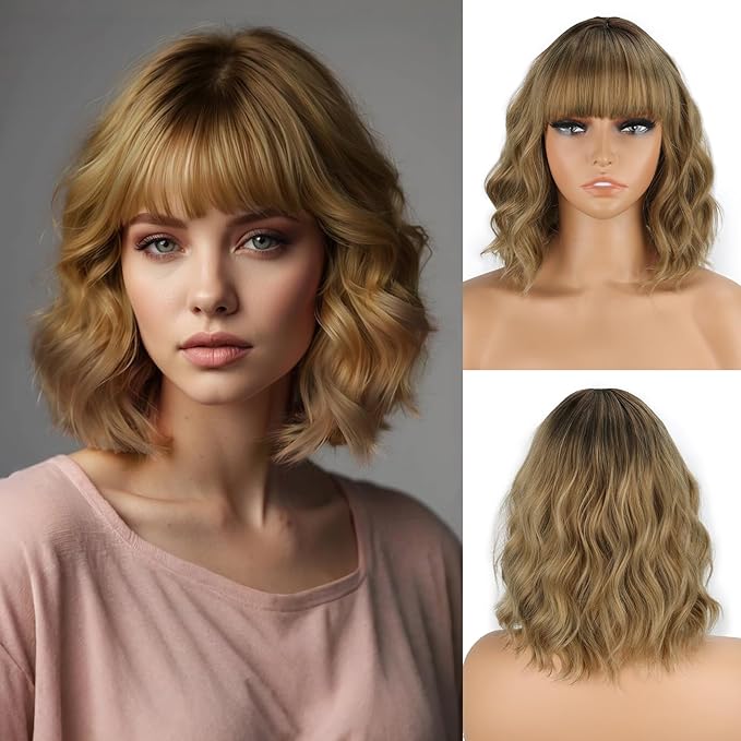 MISSQUEEN Short Dark Blonde Wavy Bob Wig with Bangs Honey Blonde Wig for Women Natural Heat Resistant Fiber Synthetic Curly Hair for Daily Party Chrismas Halloween Used (12 Inches)