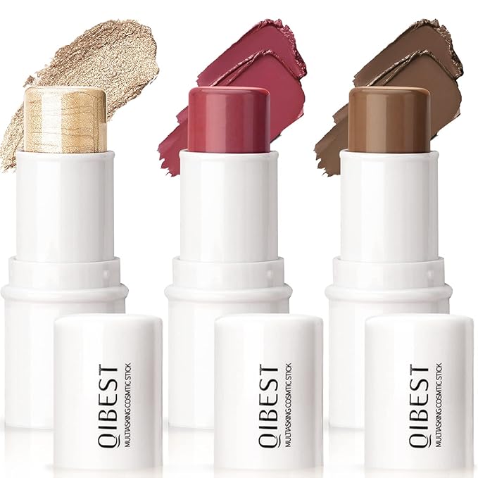 3 Colors Highlilghter Contour Blush Sticks Creamy Sticks for Cheeks, Eyes Cosmetics Stick Set, 3 in 1 Long Lasting Waterproof Moisturizer Makeup Sticks for All Skin