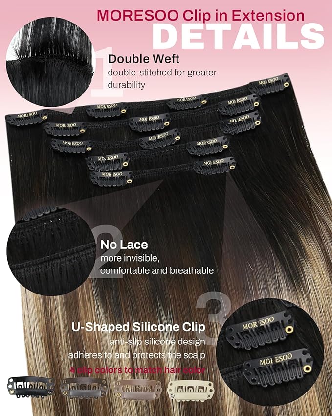 Moresoo Clip in Hair Extensions Real Human Hair Balayage Black to Dark Brown with Caramel Blonde 5pcs 80g Remy Straight Invisible Lace Double Weft Human Hair Clip in Extensions 22inch