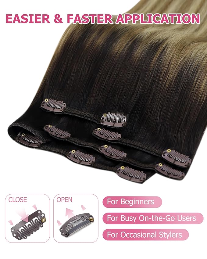 YoungSee Clip in Human Hair Extensions Balayage Clip in Hair Extensions Real Human Hair Dark Brown Roots Blending into Medium Brown with Warm Blonde Highlights Hair Extension Clip ins 120G 22In 7Pcs