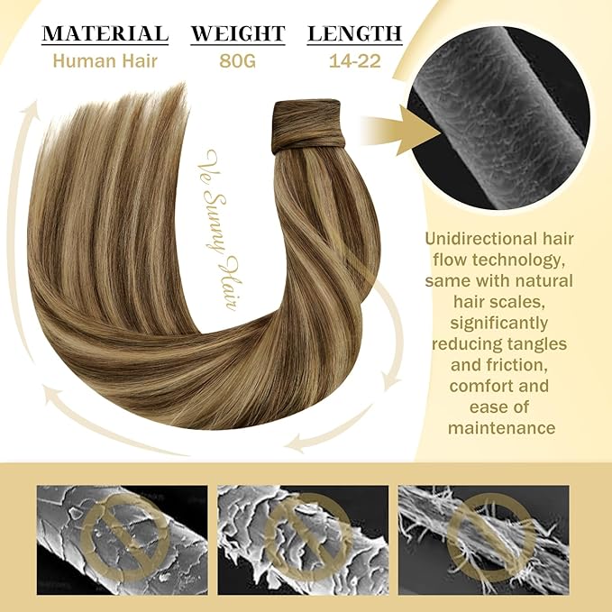 Ve Sunny Hair Extensions Ponytail Real Human Hair Wrap Around Clip in Ponytail Hair Extensions Straight Extensions Human Hair for Women Medium Brown Highlighted Caramel Blonde 16inch 80G 80G