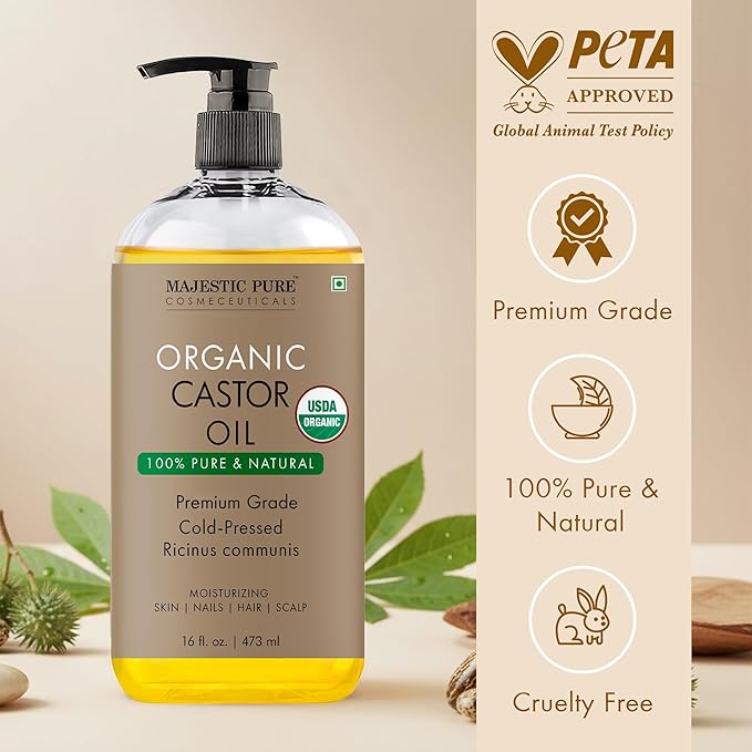 Majestic Pure Organic Castor Oil 16 Fl Oz - 100% Pure and Natural - Premium Grade Carrier Oil - Hair, Eyelashes and Eyebrows - Hair Oil and Body Oil - Expeller Pressed - Hexane Free