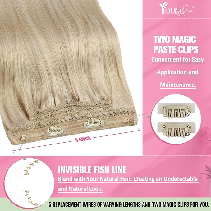 YoungSee 18 Inch Wire Hair Extensions Blonde Invisible Wire Hair Extensions Real Human Hair Ash Blonde Highlights Bleach Blond Headband Hair Extension for Women 80G